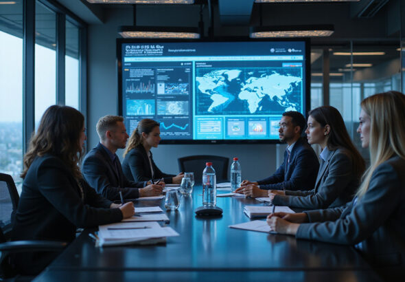 Diverse professionals using 409A Valuation platforms in a high-tech setting