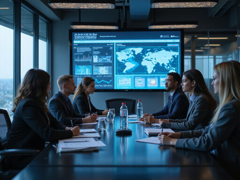 Diverse professionals using 409A Valuation platforms in a high-tech setting