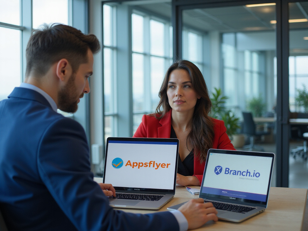 Business professionals comparing Appsflyer and Branch.io on laptops