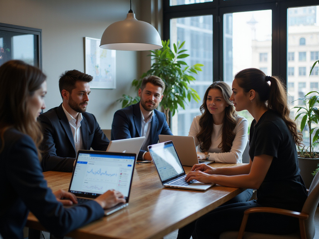 Business professionals evaluating Adjust Alternatives in co-working space