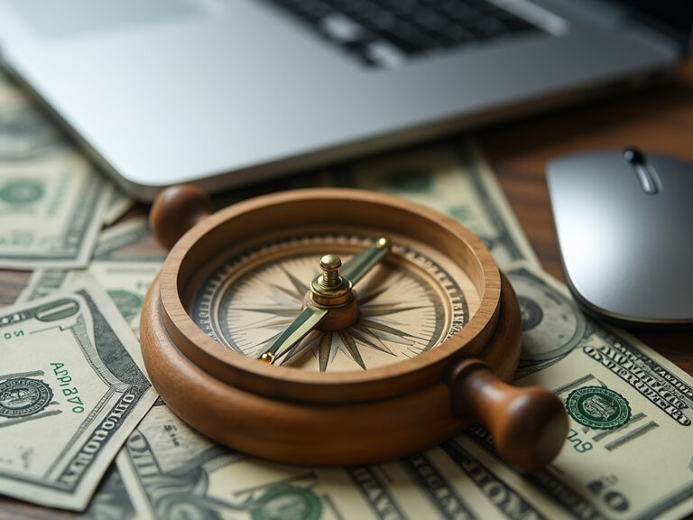 Navigating compass on dollar bills with tech tools for Adjust Pricing