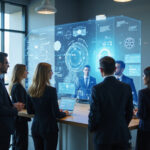 Diverse business professionals analyzing AI video tools for B2B marketing