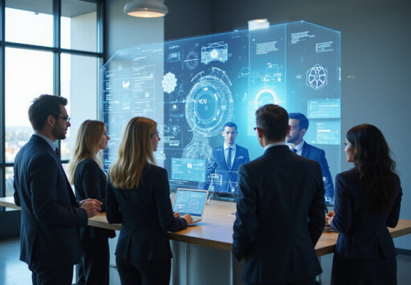 Diverse business professionals analyzing AI video tools for B2B marketing