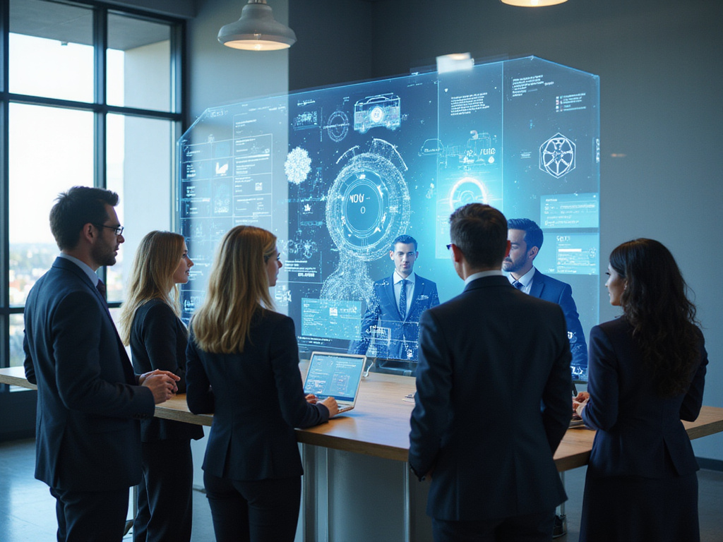Diverse business professionals analyzing AI video tools for B2B marketing