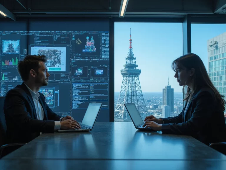 Modern corporate scene comparing Amdocs software and Ericsson telecommunications
