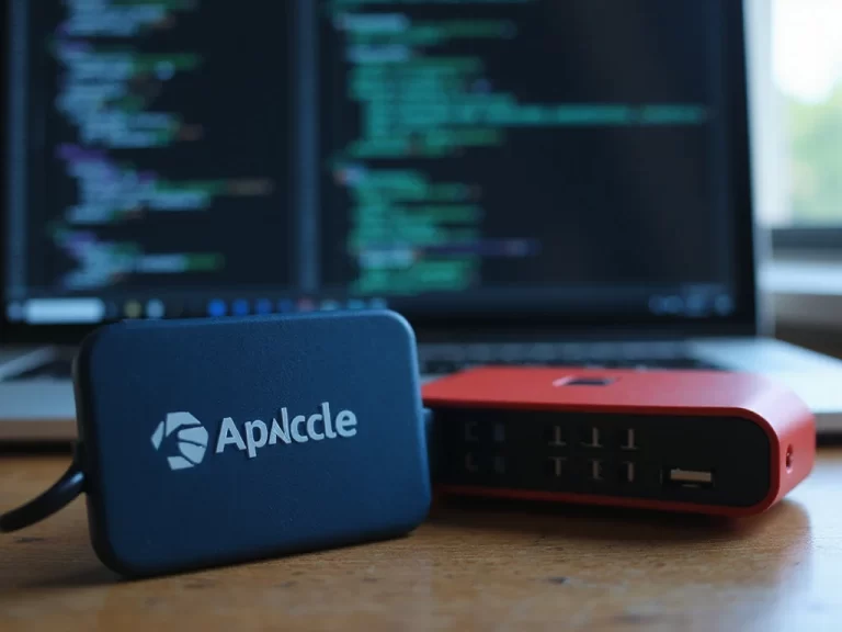 Apache and Fiorano logos on tech devices in an office environment