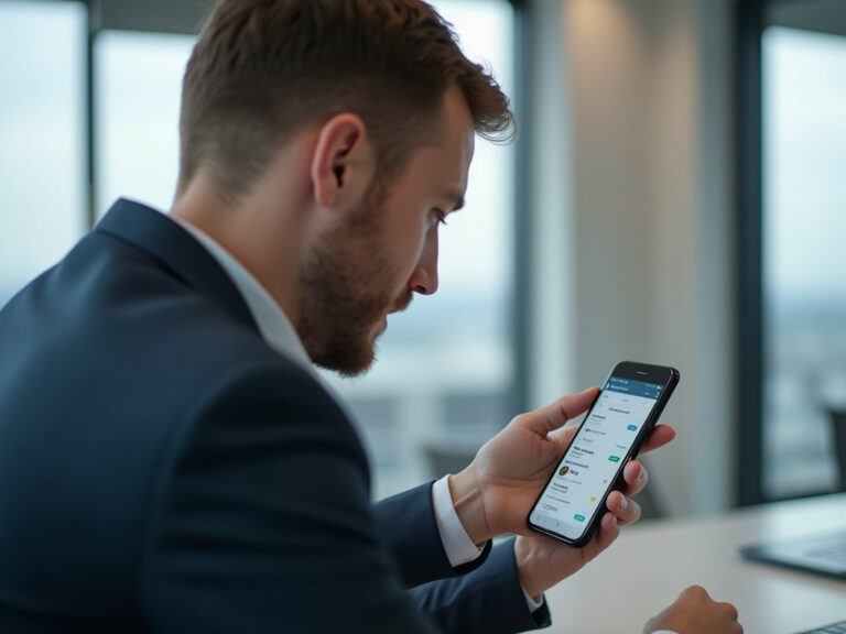 Man assessing Appsflyer Pricing on smartphone in modern office