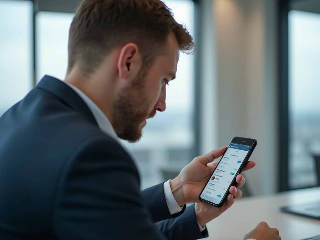 Man assessing Appsflyer Pricing on smartphone in modern office
