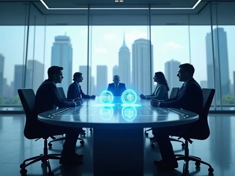 Futuristic conference room comparing Atlassian and HCLSoftware with holograms