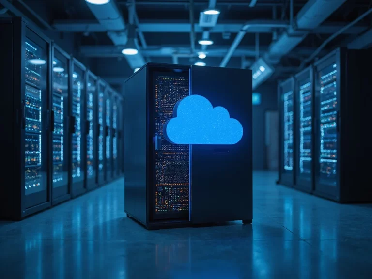 Dell Technologies server rack and Amazon Web Services cloud icon in a server room