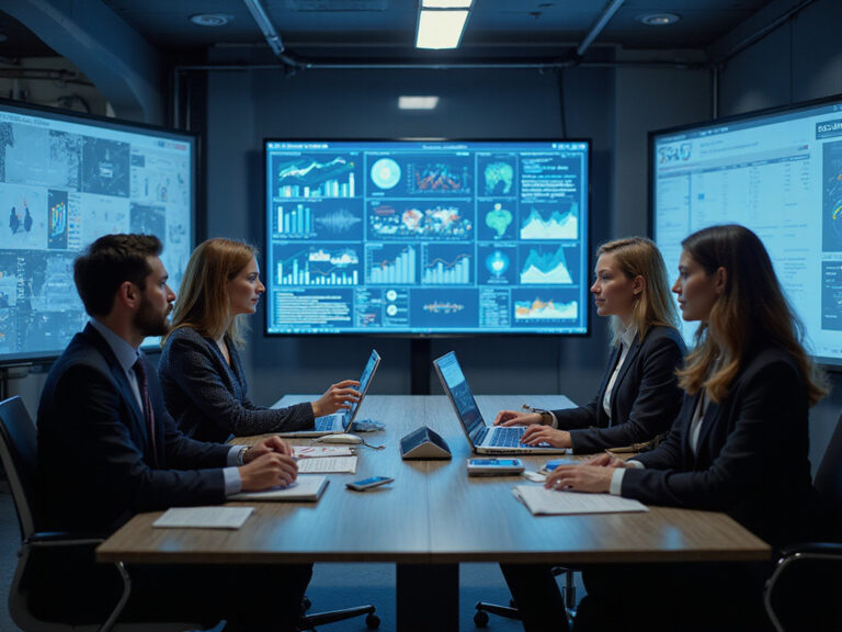 Diverse team using best AI reputation management tools in meeting