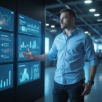 Futuristic cap table management platforms comparison featuring a techpreneur