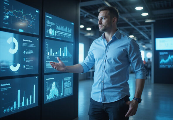 Futuristic cap table management platforms comparison featuring a techpreneur