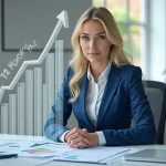 Blonde business person analyzing 12 month cash flow forecast charts.