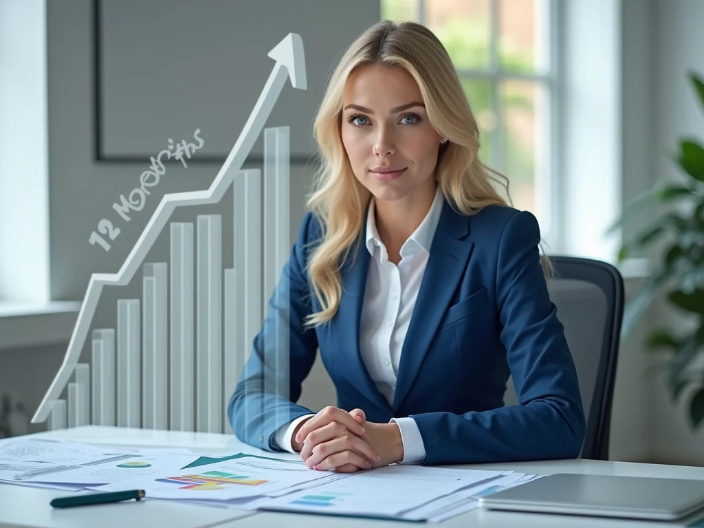 Blonde business person analyzing 12 month cash flow forecast charts.