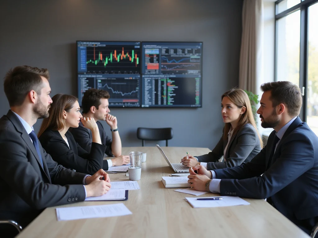 Professionals discussing pros and cons of cash flow forecasting in a meeting.