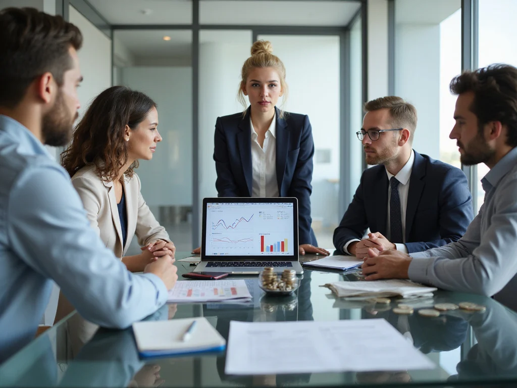 Diverse team discussing cash flow forecast in modern office setting