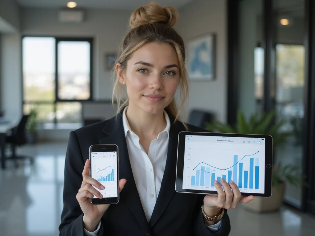 Businesswoman analyzing cash flow statement on devices