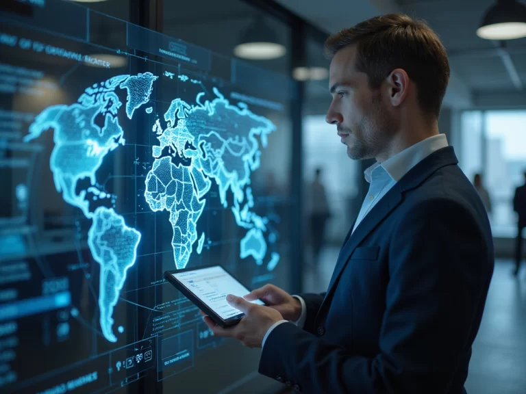 Professional operating cato firewall on futuristic device in security headquarters