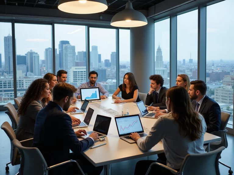 Diverse group assessing Cato Networks pricing in a modern office setting