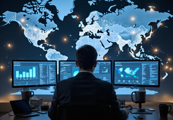 Man analyzing Cato Networks SD-WAN data in high-tech global office