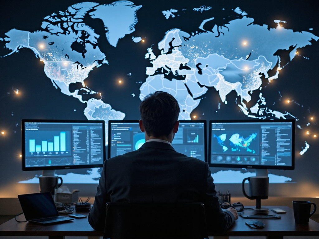 Man analyzing Cato Networks SD-WAN data in high-tech global office