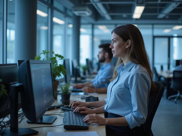 Modern office environment with professionals using Cato SASE technology