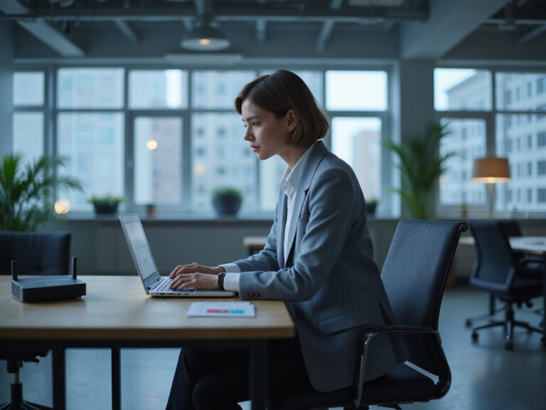 Business professional using Cisco SASE in modern office setting