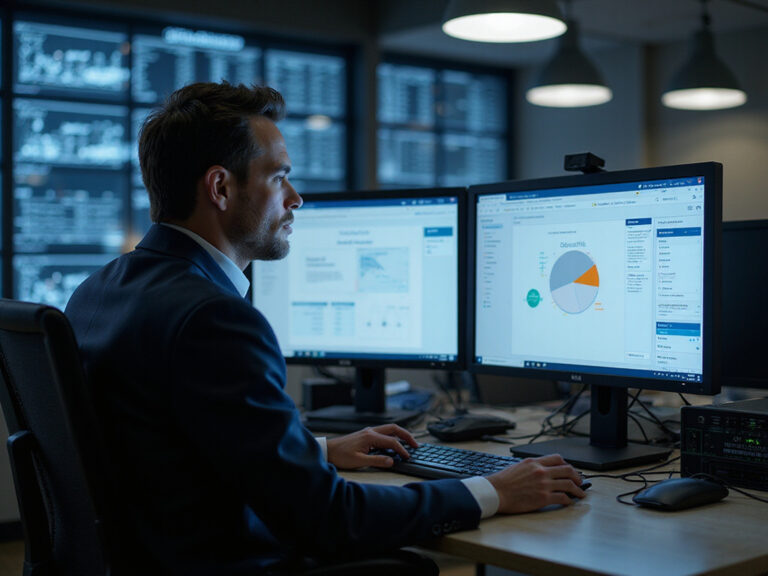 Professional working on cisco sd wan technology with multiple screens