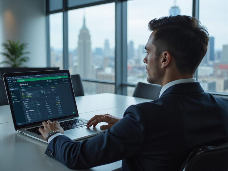 Professional examining Cisco SD-WAN guide on laptop in modern office