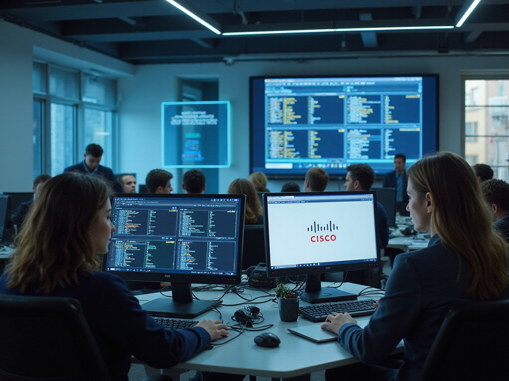 Professionals working on Cisco ZTNA integration in high-tech workspace