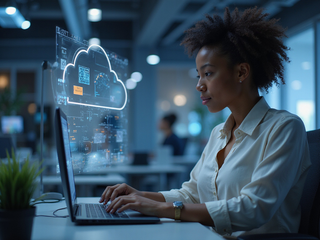 Diverse professional using Cloudflare Zero Trust technology on computer