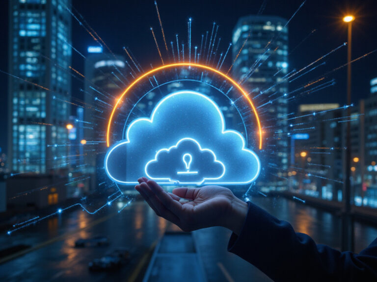 Cloudflare SASE depicted through high-tech, business-centric visuals