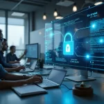 Diverse professionals working on DSPM in a modern office environment