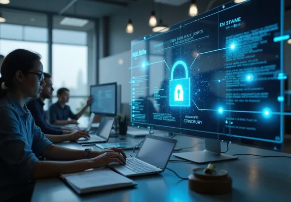 Diverse professionals working on DSPM in a modern office environment