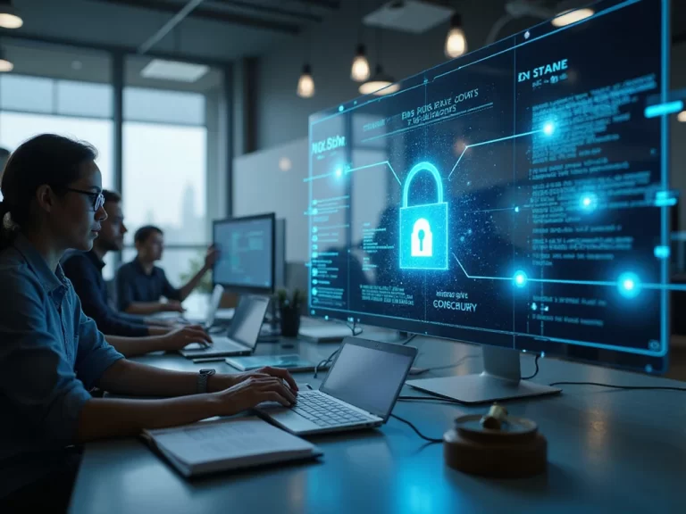 Diverse professionals working on DSPM in a modern office environment