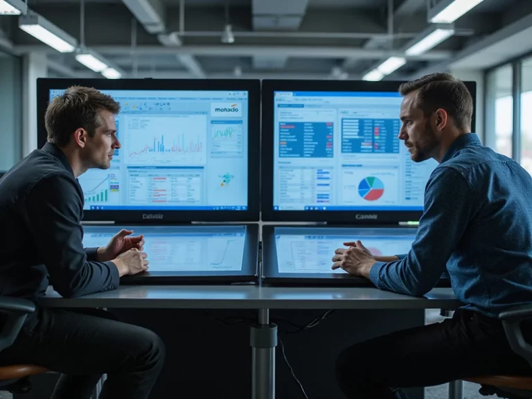 Men comparing DBmaestro and Quest Software on touch screens