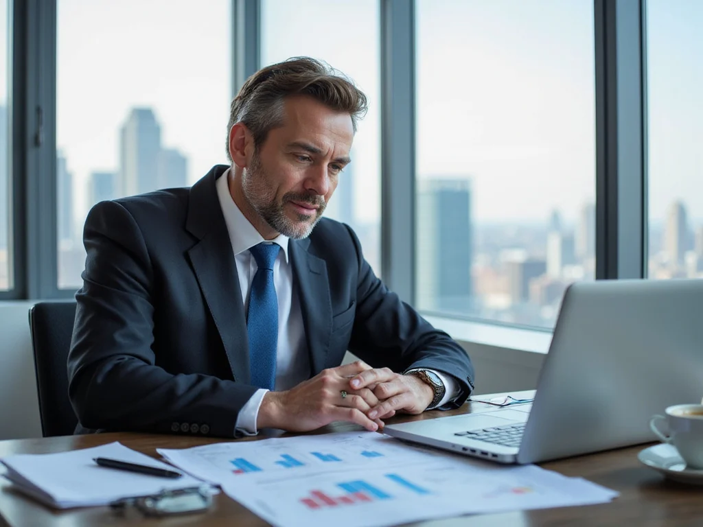 Professional analyzing direct cash flow forecasting on laptop in office