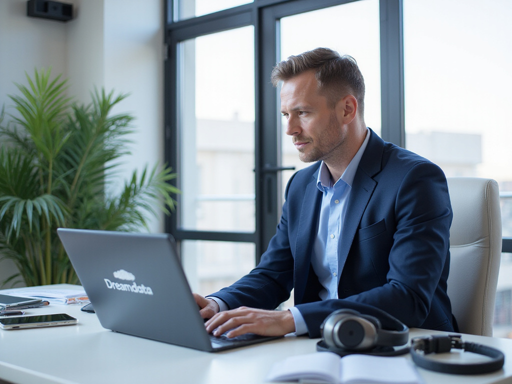 Middle-aged man reviewing Dreamdata on laptop in modern office
