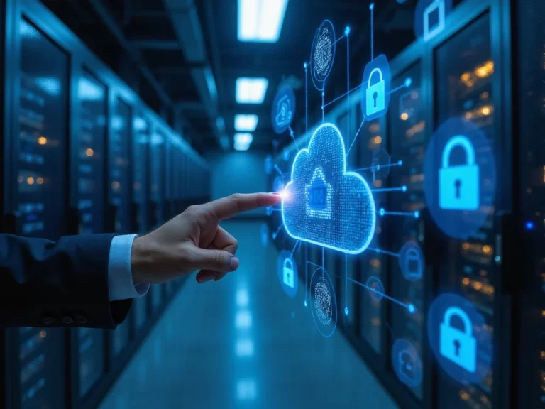 Human hand interacting with Cloud and Data Center Security interface.