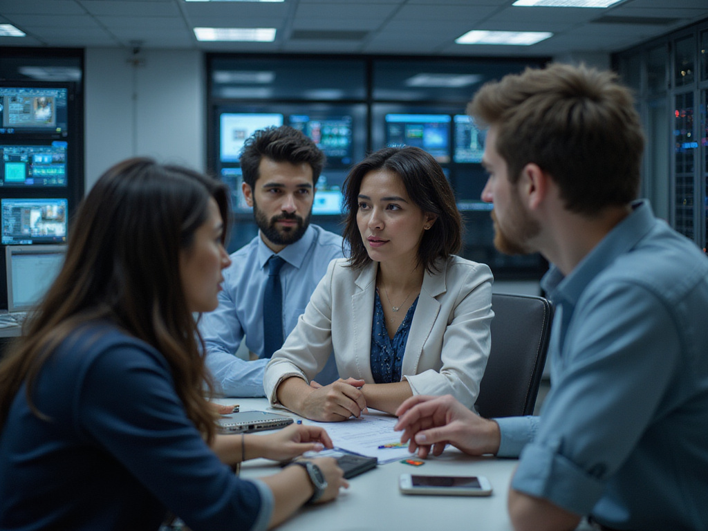 Diverse professionals discussing zero trust concept in tech-oriented office