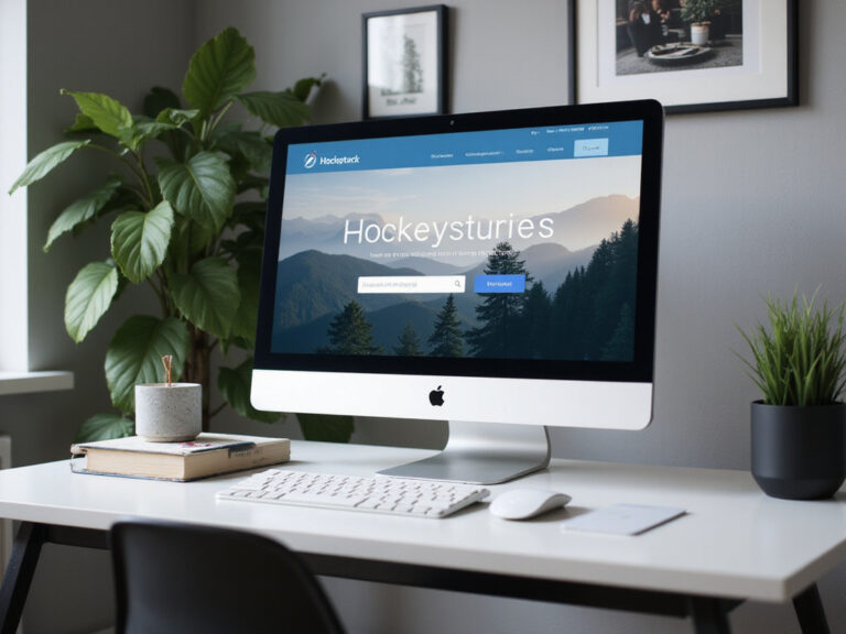 Computer on desk displaying Hockeystack website in professional office setting