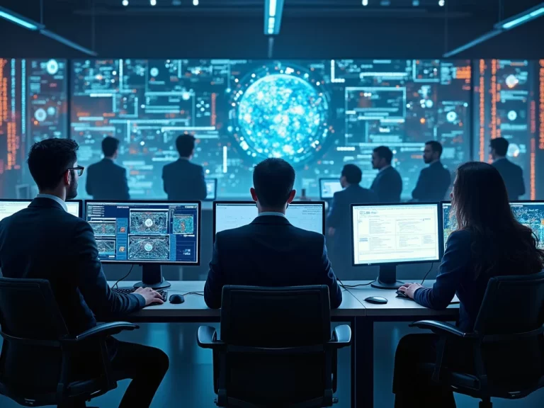Diverse cybersecurity team utilizing Extended Detection and Response technology in a futuristic office.
