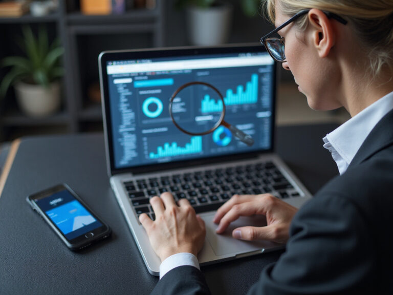 Analytic scene for Factors.Ai Review with tech professional and devices