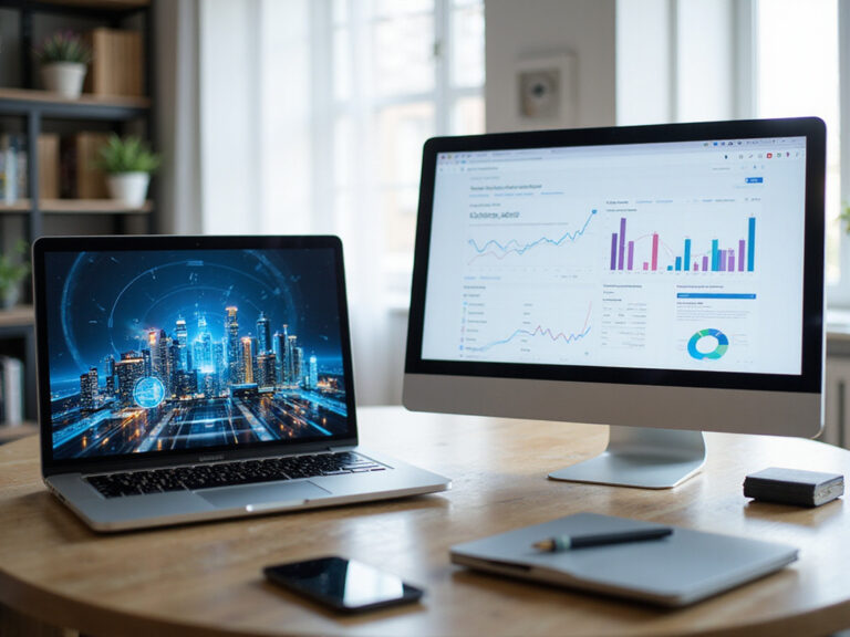 Comparison of Factors.Ai and Ruler Analytics tech tools on desks