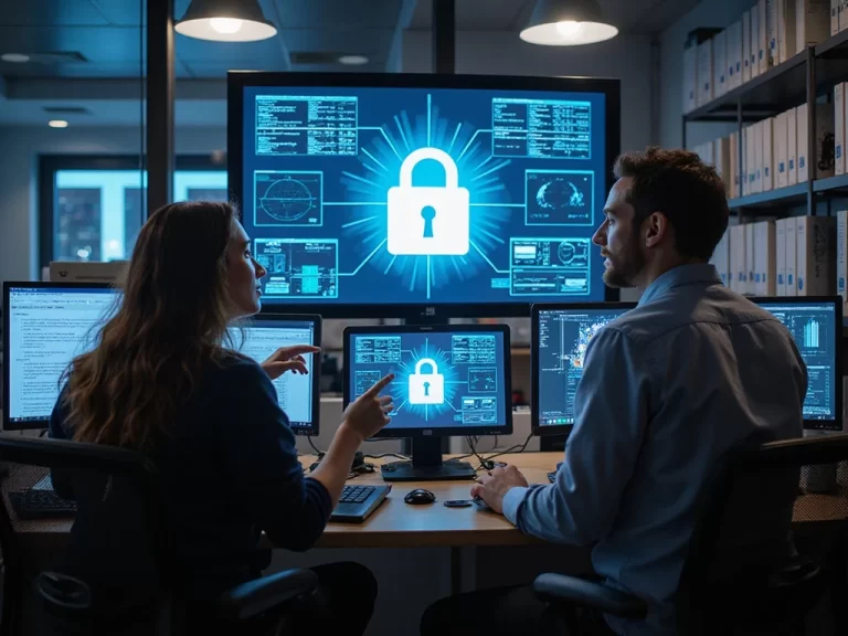 Diverse team discussing Firewall Technology trends in high-tech lab