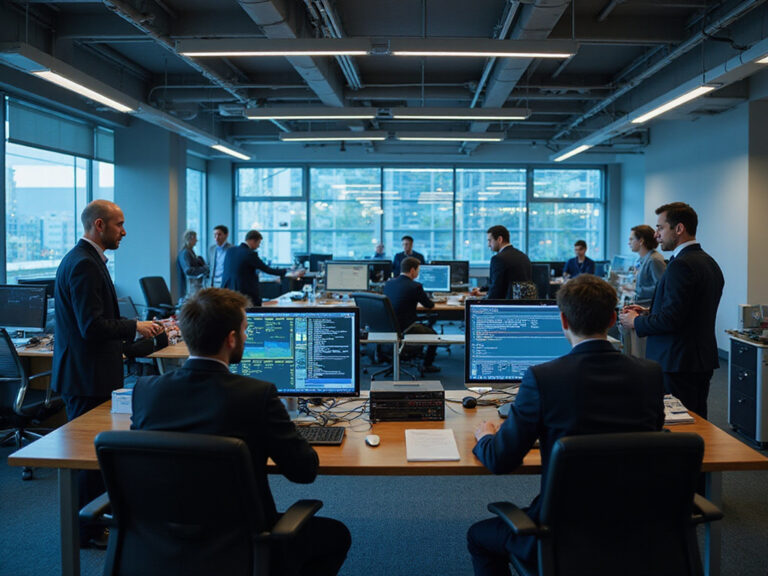 Professionals interacting with Fortinet SD-WAN technology in modern office