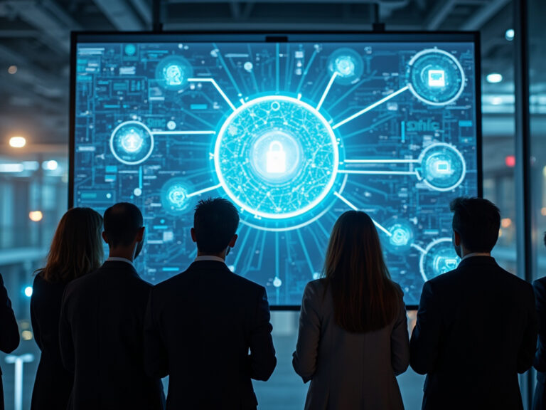 Professionals analyzing secure Fortinet ZTNA virtual network on screen