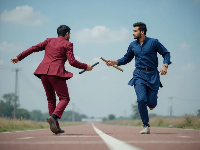 Abstract relay race symbolism in Fujitsu vs Tech Mahindra comparison