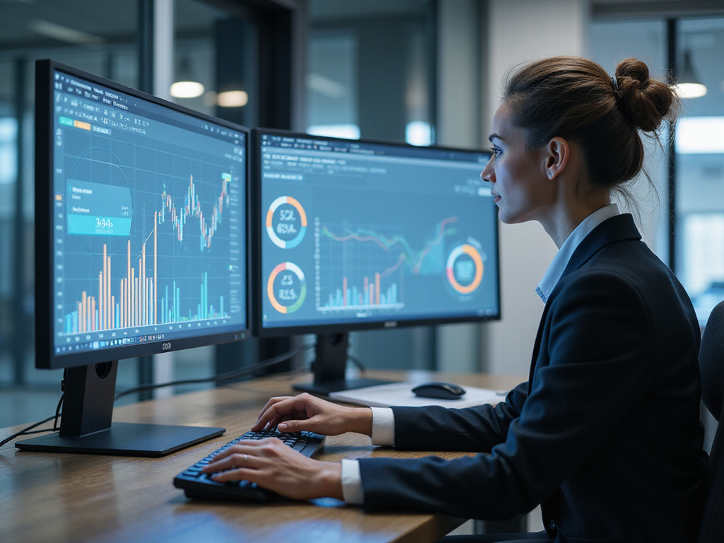 Businesswoman analyzing Full Circle Insights Review data in high-tech office